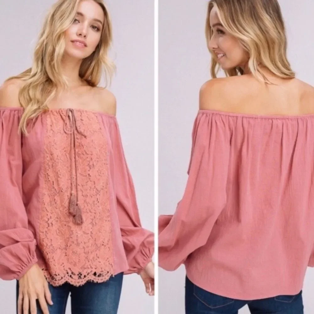 Lace Inset Off Shoulder Top - Picture 2 of 3